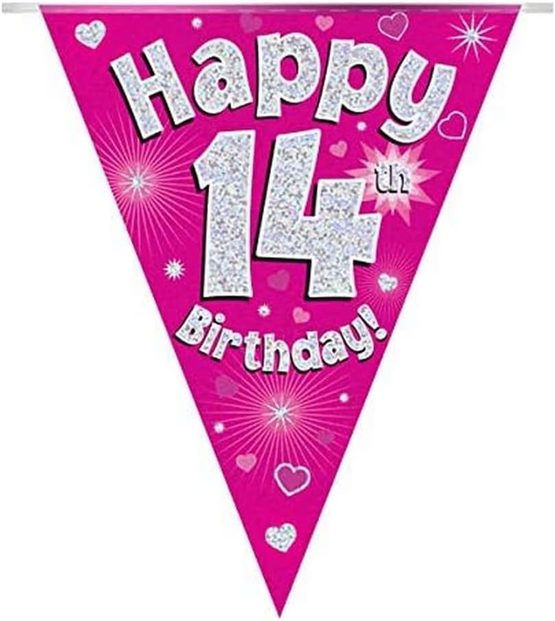 OAKTREE UK 630680 Party Bunting Happy 14th Birthday - Pink Holographic 11 Flags 3.9m