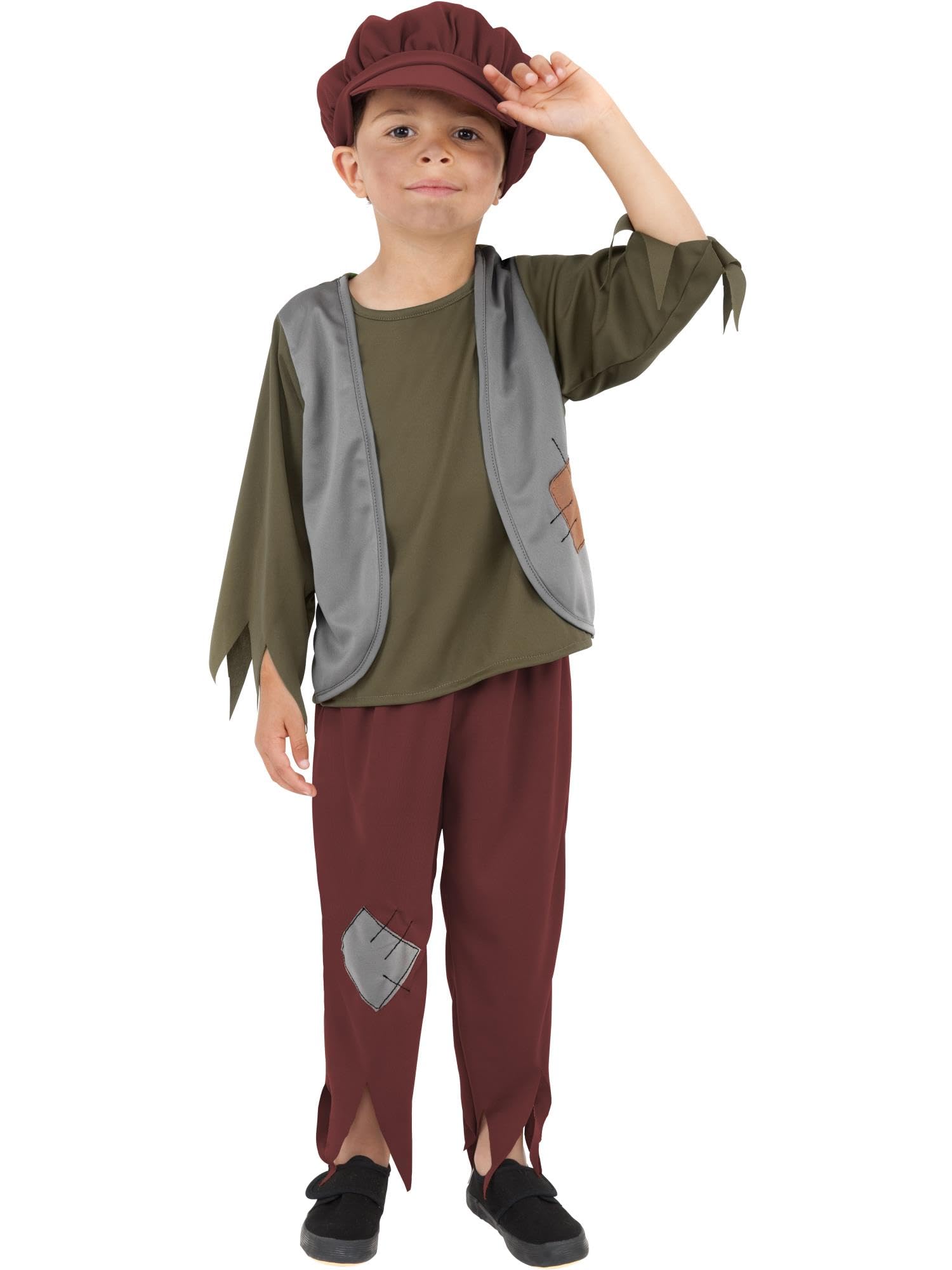 Smiffys Victorian Poor Boy Costume - Green Top, Trousers & Hat, Child Fancy Dress