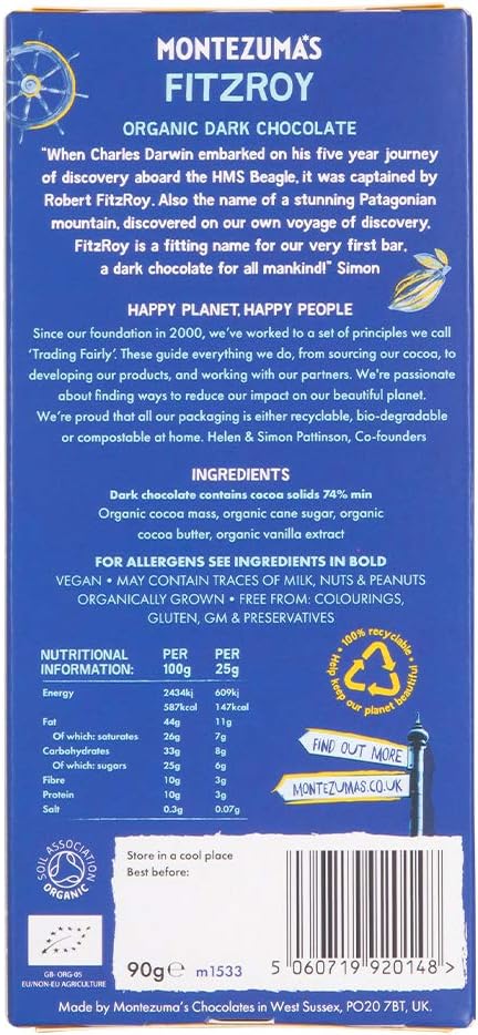 Montezuma - FitzRoy 74% Cocoa Dark Chocolate Bar Organic Vegan Gluten-Free