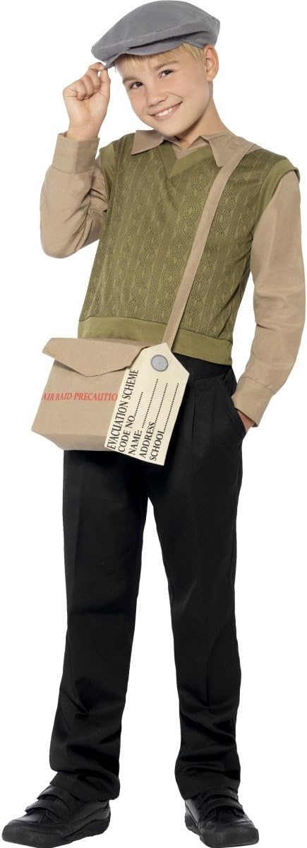 Smiffys Evacuee Boy Kit - Green Dress Up Costume with Jumper, Hat, Bag & Tag