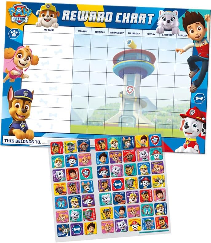 Paw Patrol Everyday Reward Chart with 56 Sparkly Reusable Stickers - Ages 3+
