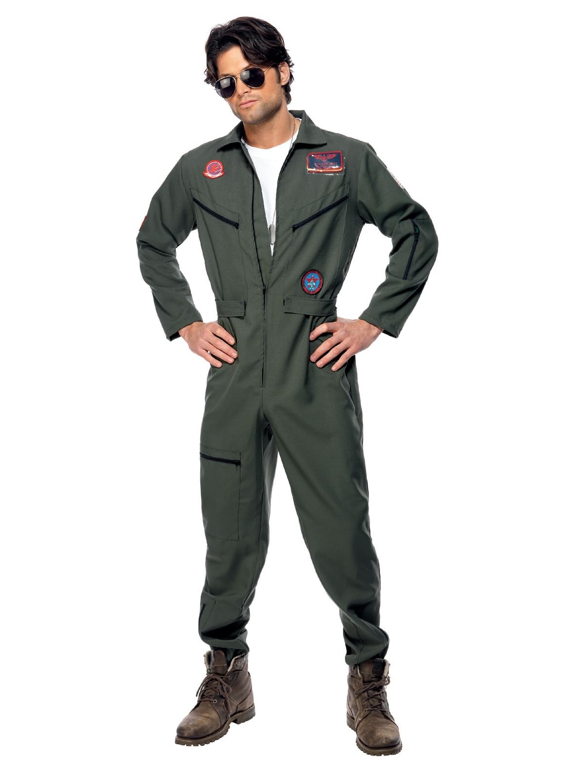 Smiffys Top Gun Costume - Adult Green Jumpsuit with Name Tags & Sunglasses