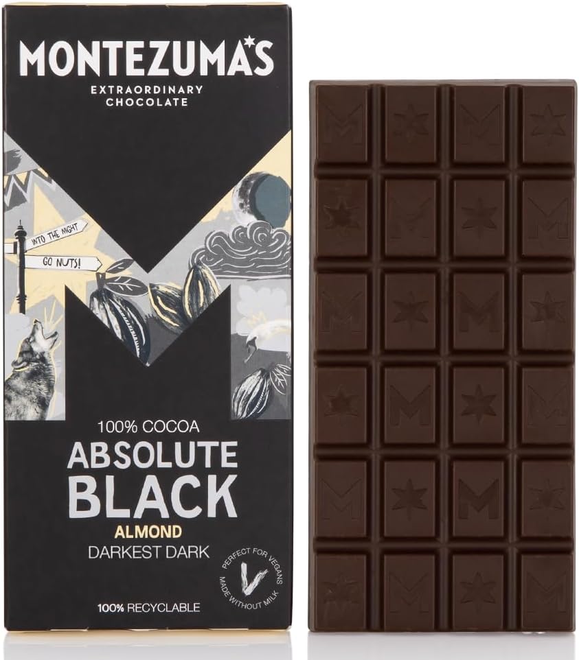 Montezuma - Absolute Black 100% Cocoa Dark Chocolate with Almonds 90g Bar