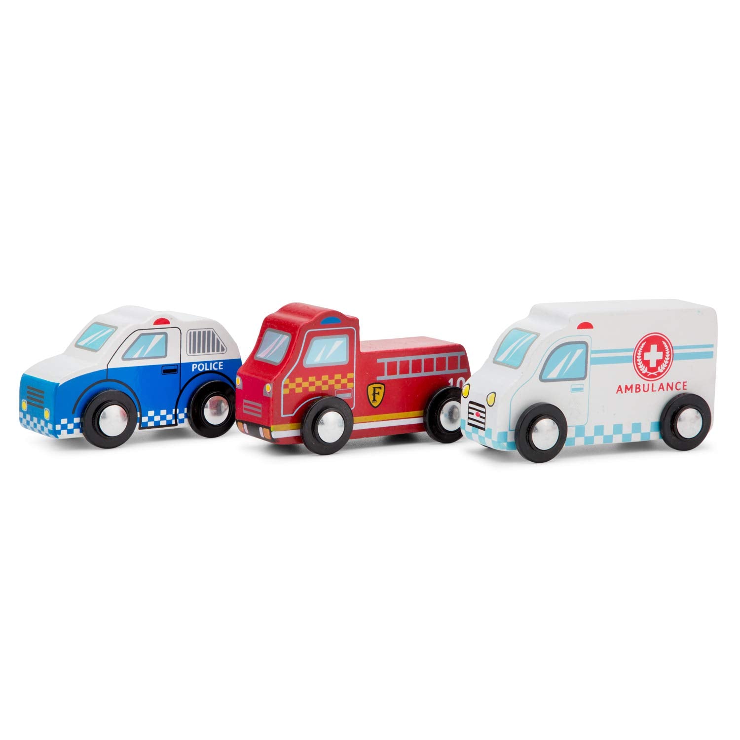 New Classic Toys 11933 Wooden Vehicles Set - Police Car, Fire Truck & Ambulance for Toddlers 12 Months+