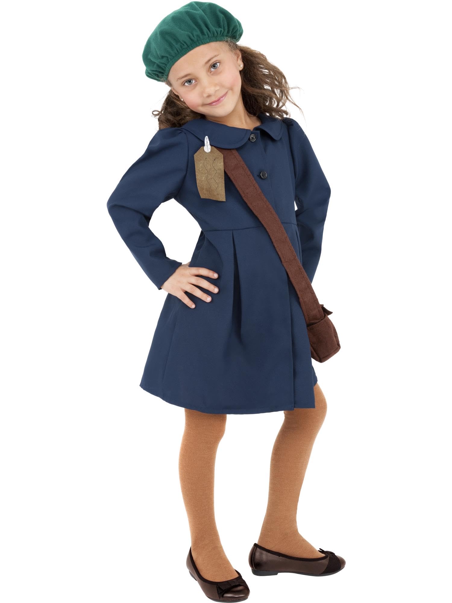 Smiffys World War II Evacuee Girl Costume - Blue Dress with Hat & Bag, Ages 10-12