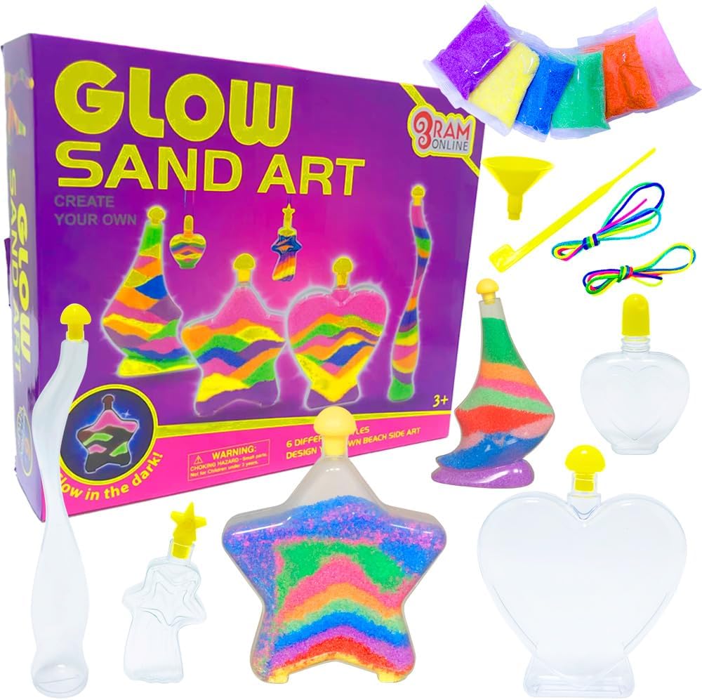 Ram Glow in the Dark Glitter Sand Art Bottles - Kids Craft Kit with 24 Pieces