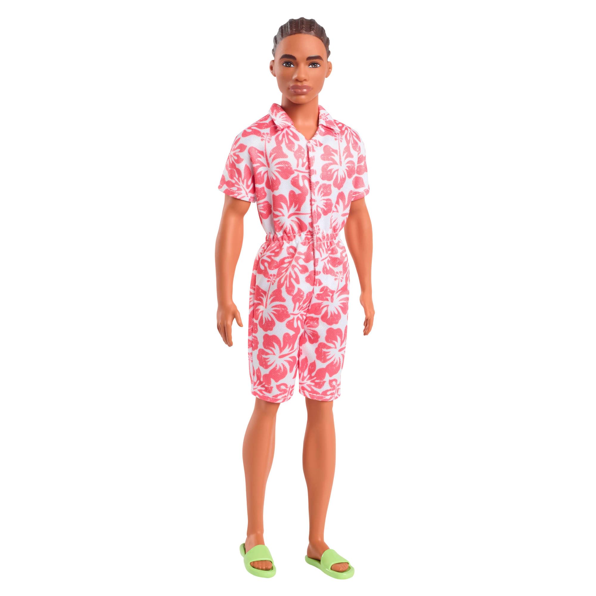 Barbie Fashionistas Ken Doll #235 - Braided Brown Hair & Coral Hawaiian Print Jumpsuit