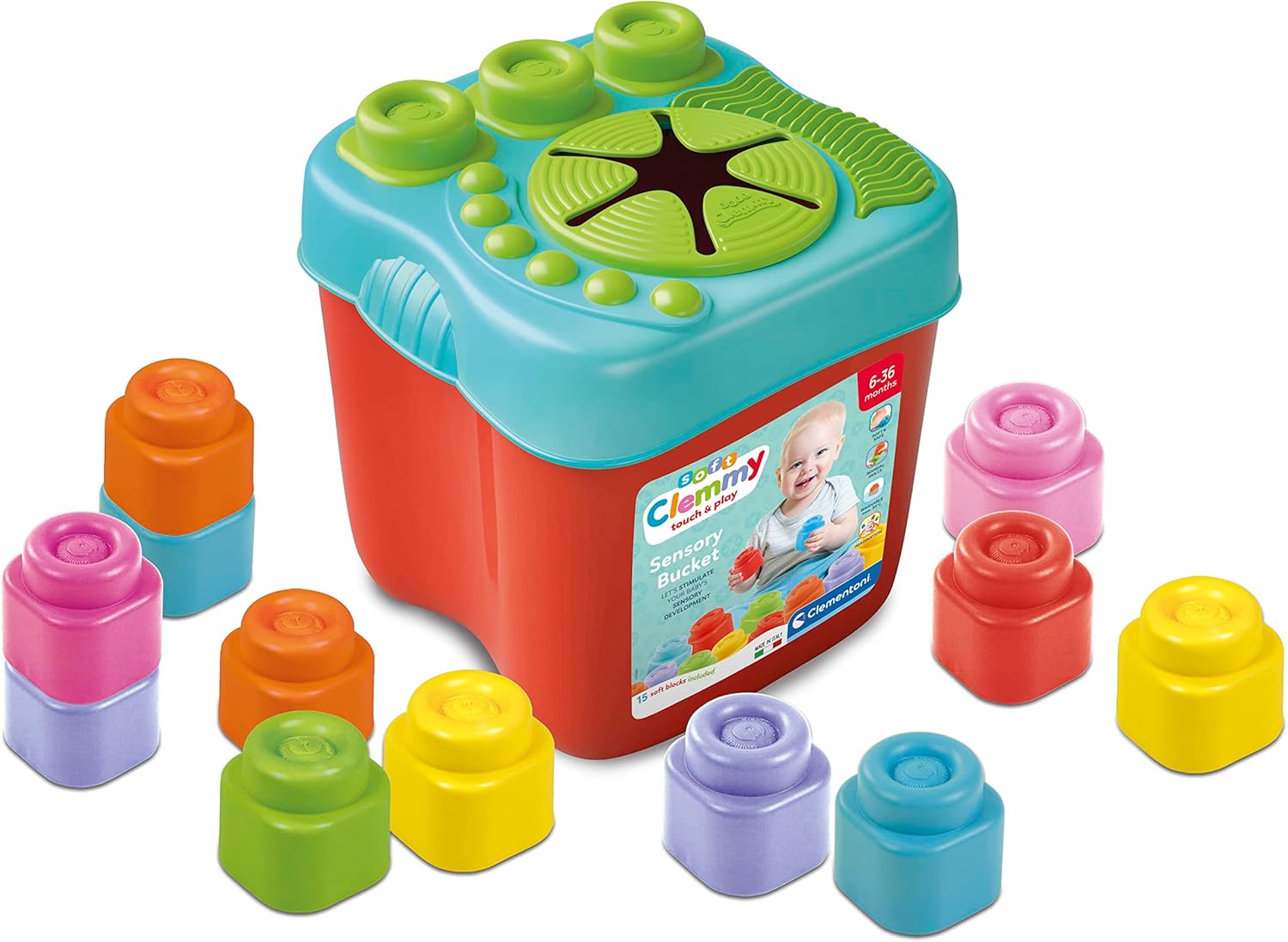 Clementoni 17807 Sensory Bucket - Soft Building Blocks for 6 Months+