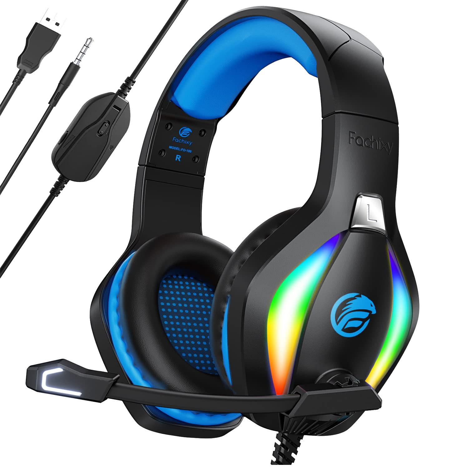 Fachixy FC-100 Gaming Headset for PS4, PS5, PC, Xbox One, Switch - RGB Lighting, 50mm Drivers, Noise-Canceling Mic