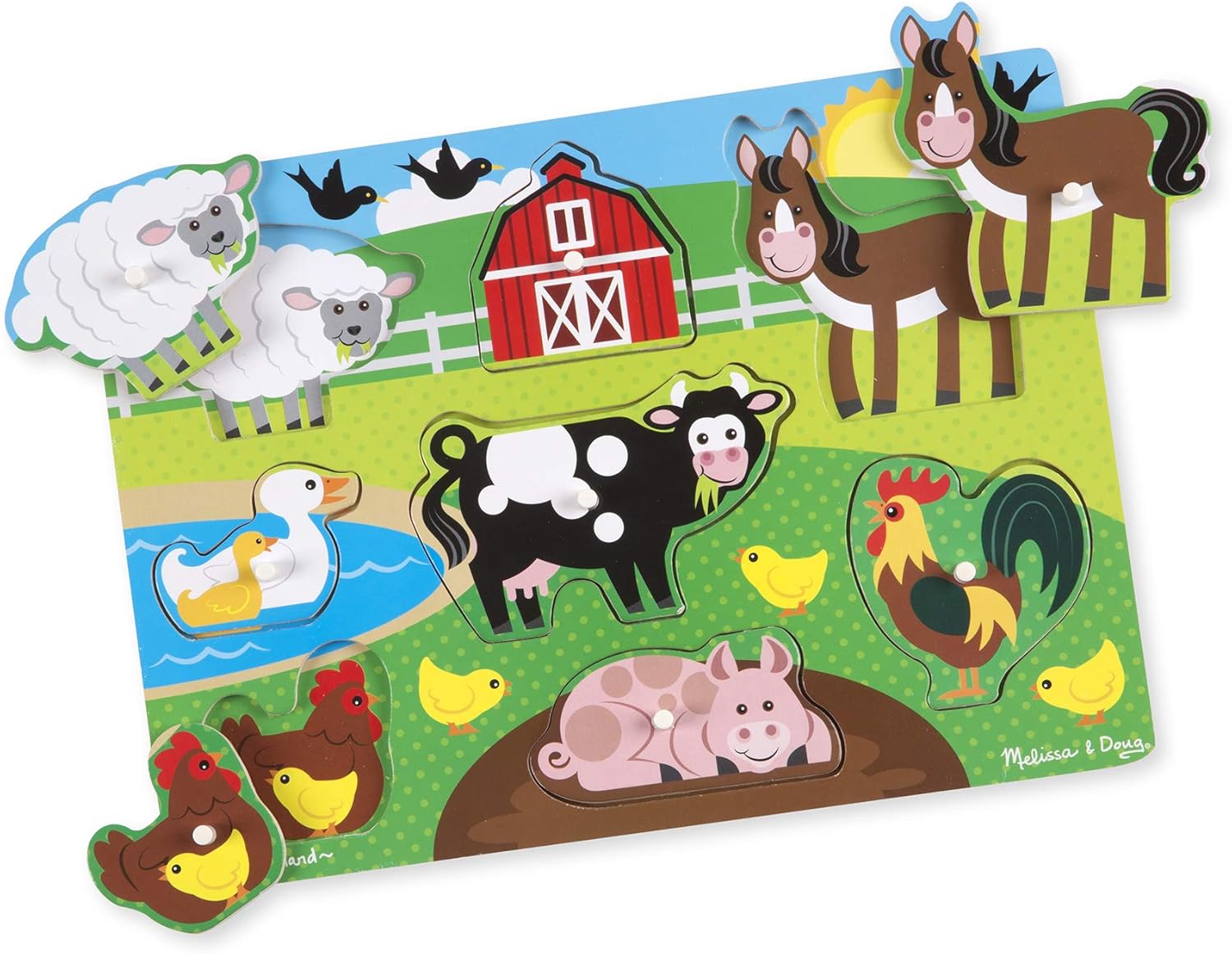 Melissa & Doug Wooden Farm Animals Peg Puzzle - 8-Piece Educational Toy for Ages 3+