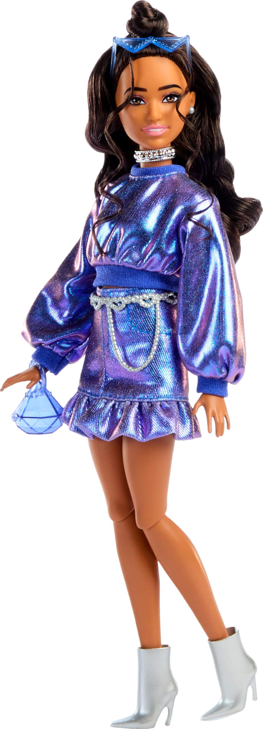 Barbie Deluxe Style Doll #7 Metallic Blue Top & Skirt with Wavy Brown Hair