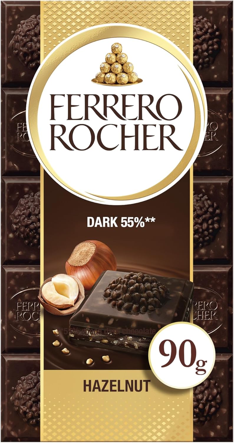 Ferrero Rocher Dark Chocolate and Hazelnut Bar, 55% Cocoa, 90g