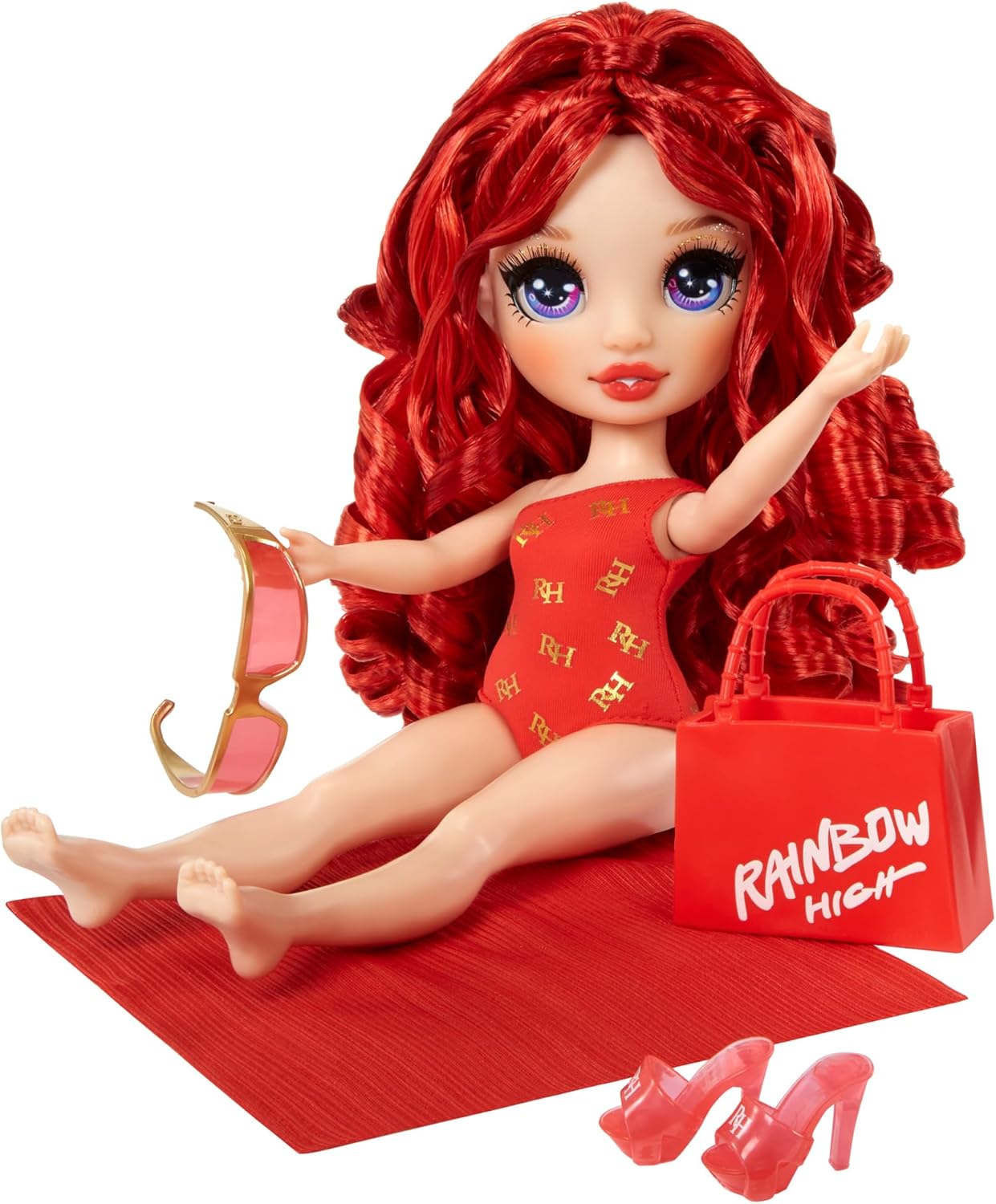 Rainbow High Swim & Style Ruby Doll - 28 cm Fashion Doll with Shimmery Wrap, Red Swimsuit & Accessories