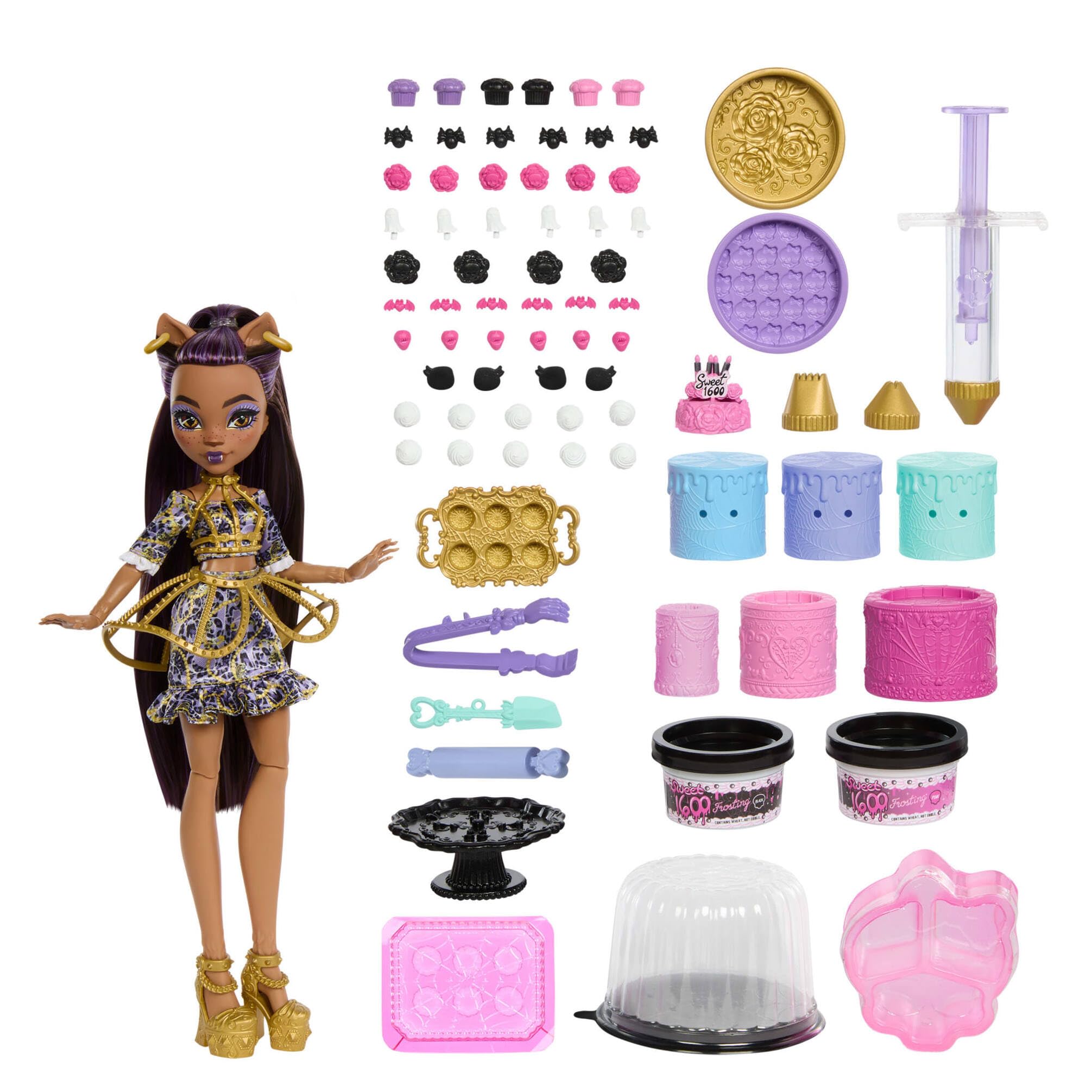 Monster High Scary Sweet Birthday Cake Kit with Clawdeen Wolf Doll - 30-Piece Cake Decorating Playset for Kids 4-10
