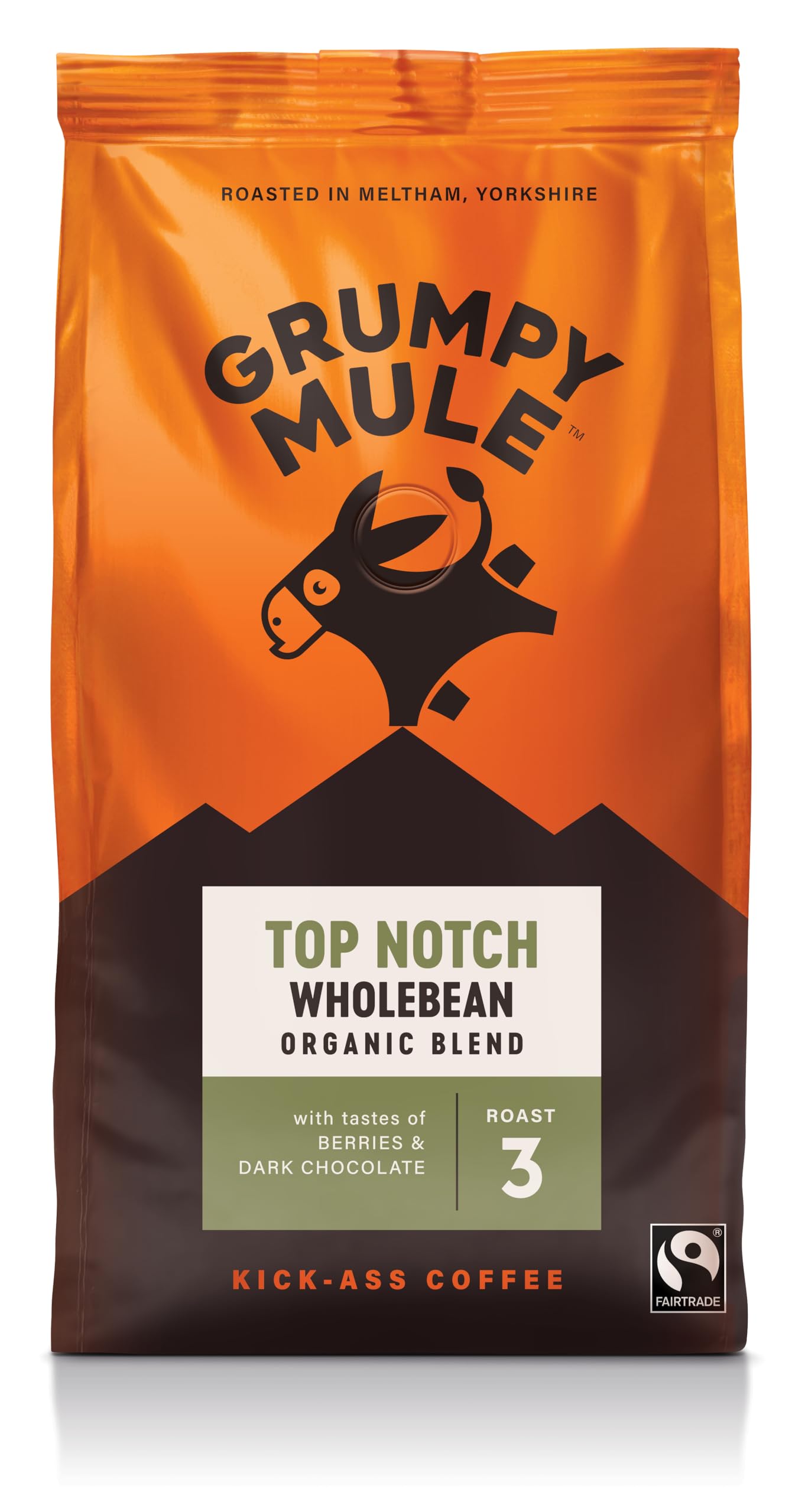 Grumpy Mule Top Notch Organic Blend Whole Coffee Beans - Roast Level 3 with Berry & Dark Chocolate Notes