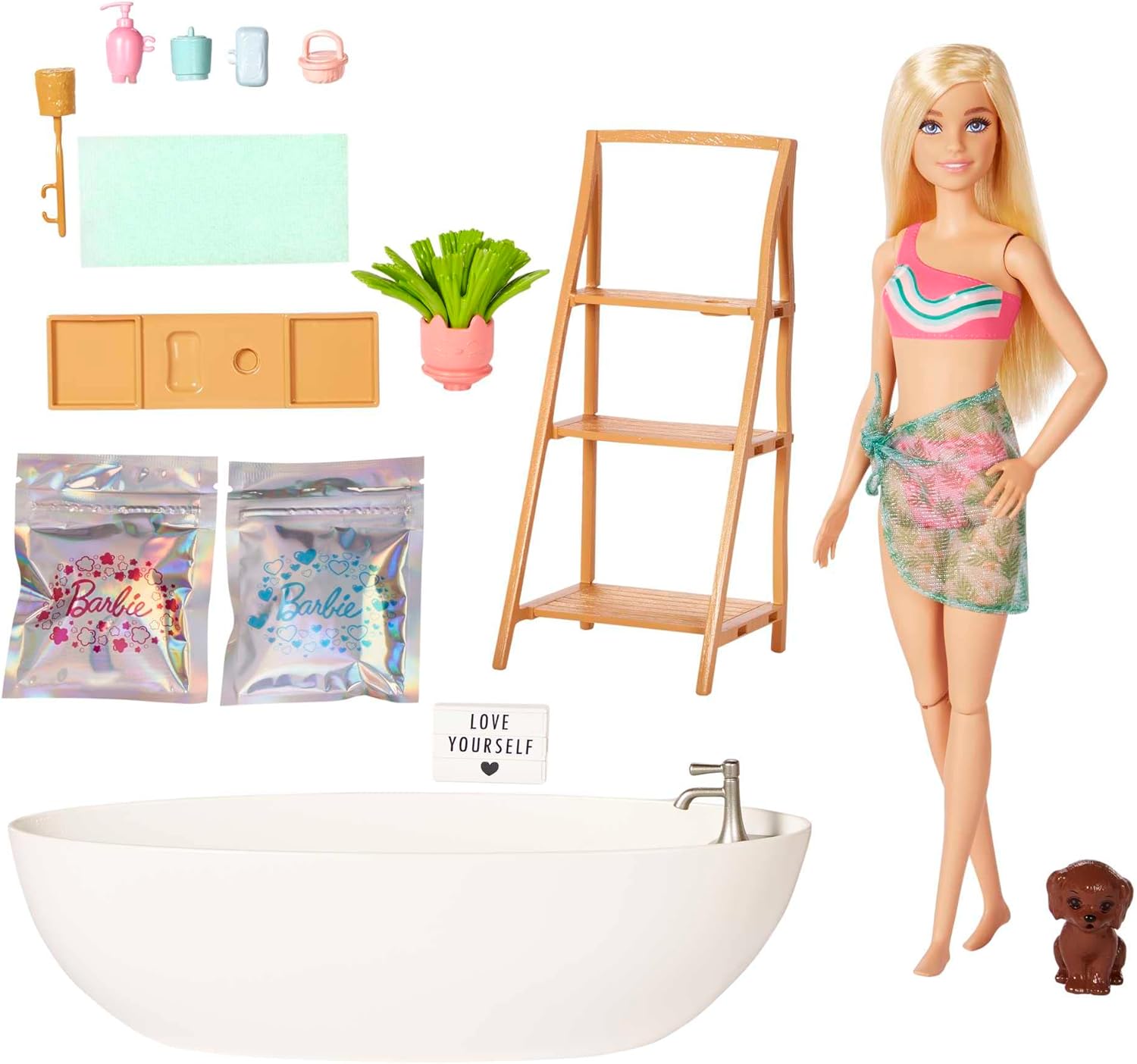 Barbie Confetti Bathtub Playset with Doll, Puppy & 17-Piece Accessories