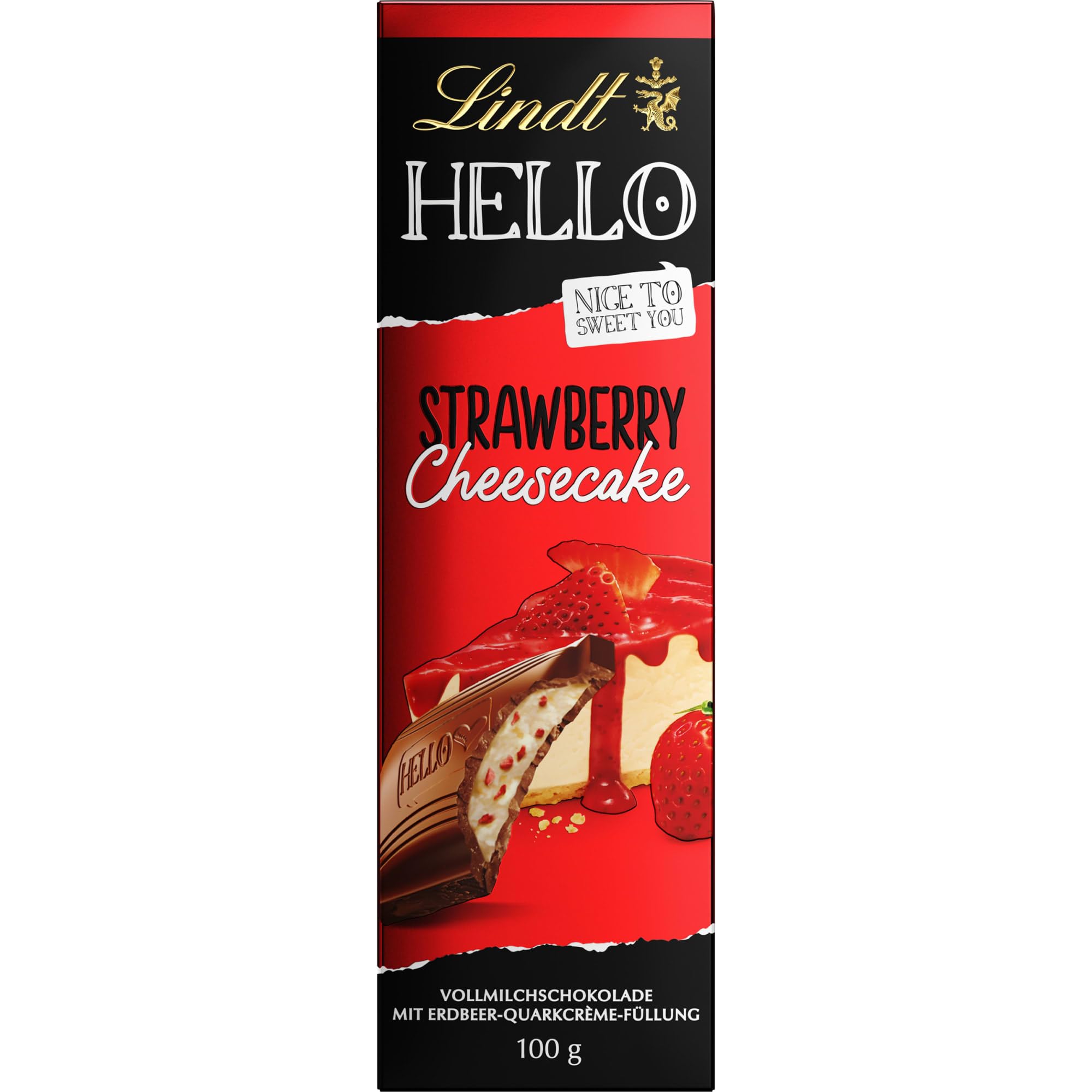 Lindt Hello Milk Chocolate Strawberry Cheesecake Bar, 100g