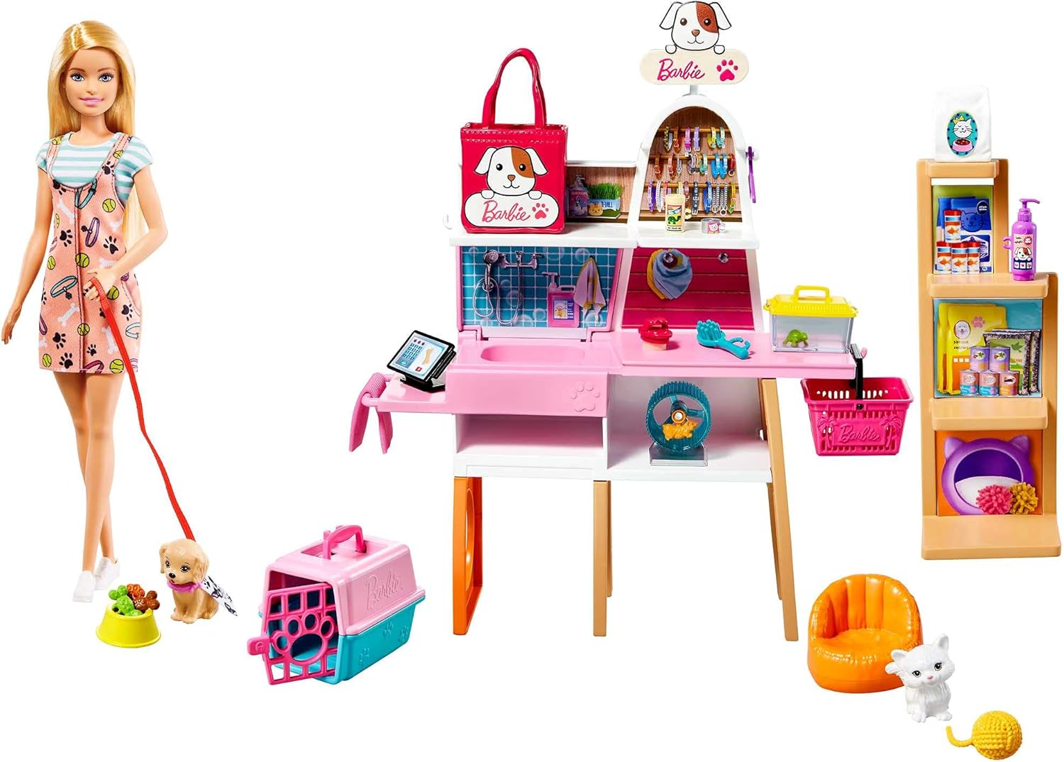 Barbie Pet Boutique Playset with Doll, 4 Pets & Color-Change Grooming Feature - Ages 3+