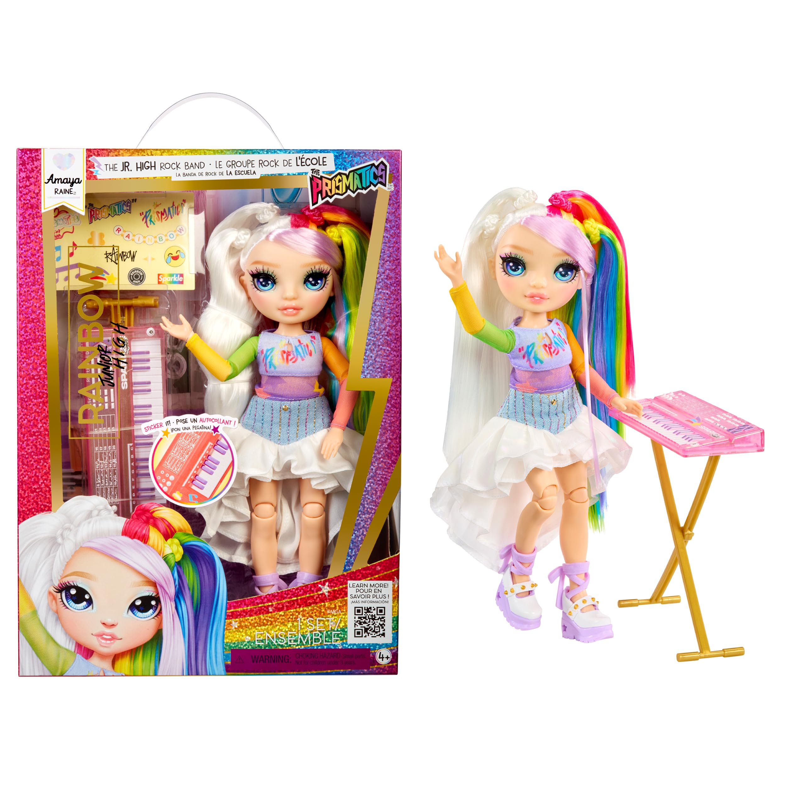 Rainbow High Junior High Rock Band - Amaya 23cm Fashion Doll with Keyboard & Stickers, Posable for Kids Ages 4+
