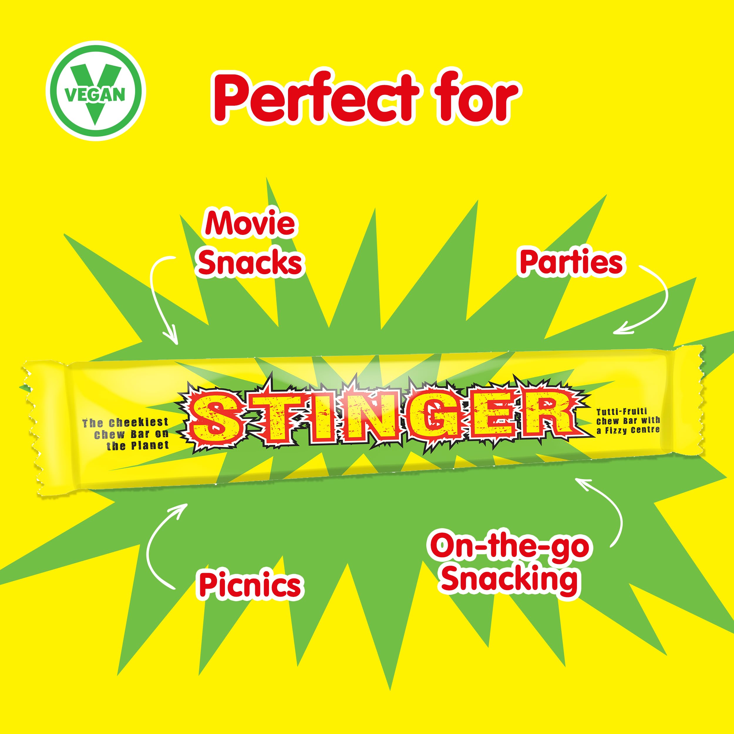 Swizzels Stinger Tutti Frutti Chew Bar Sweets - Vegan Chewy Candy with Fizzy Centre (60 Pack)