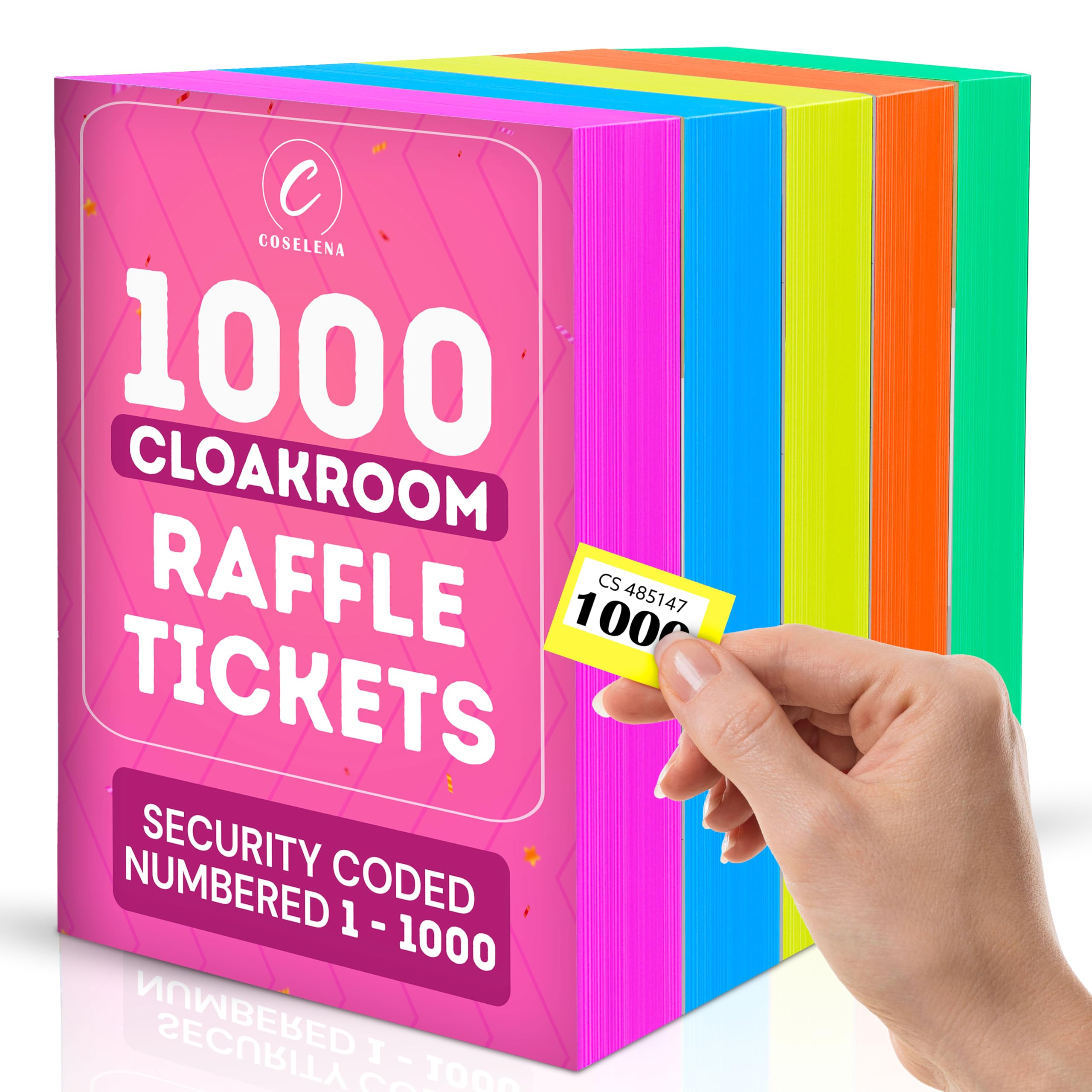 Coselena 5-Pack Numbered Cloakroom & Raffle Ticket Books – 1-1000, Assorted Colours