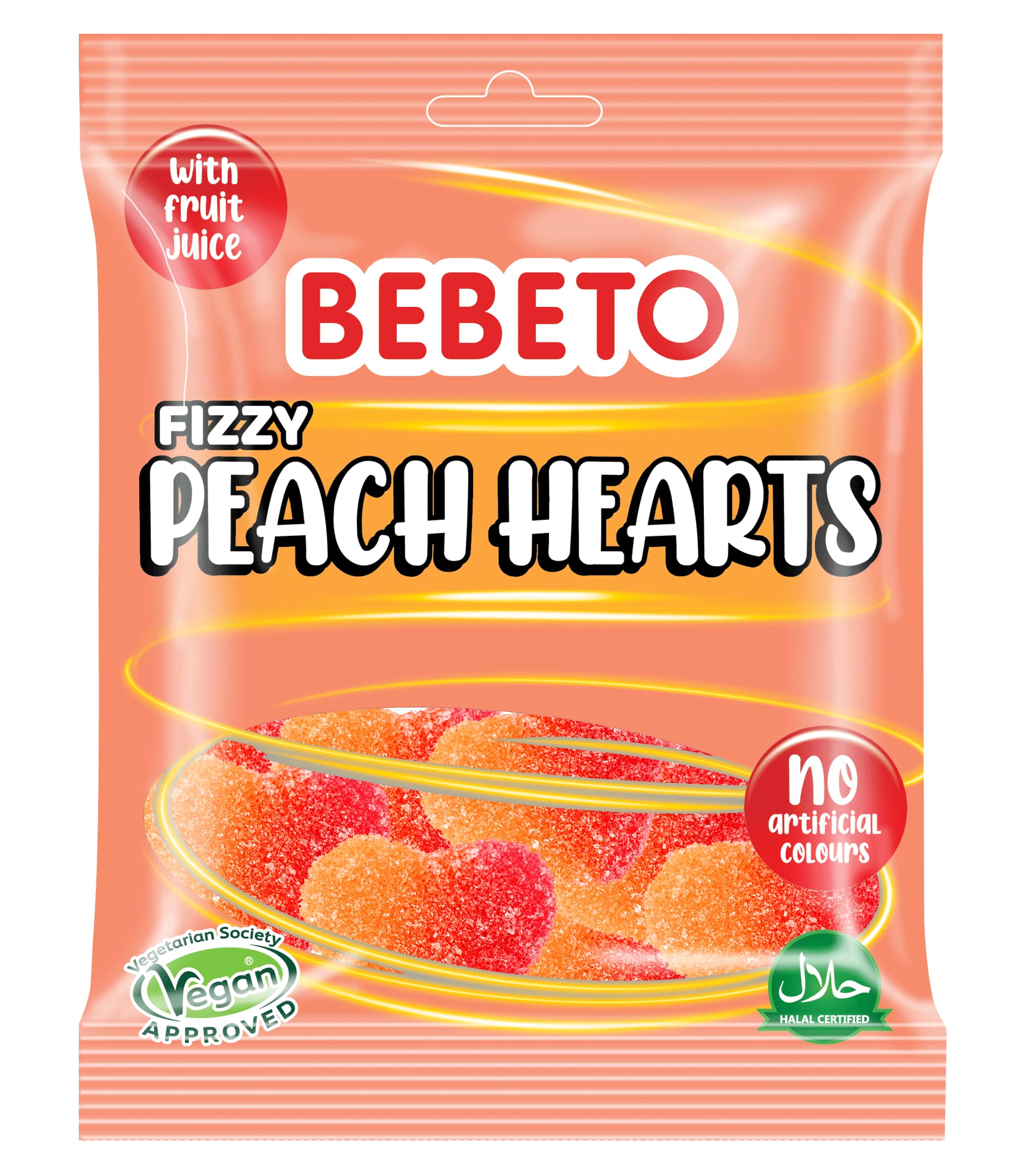 Bebeto Peach Hearts Fizzy Chewy Candy (150g) - Real Fruit Juice, No Artificial Colours