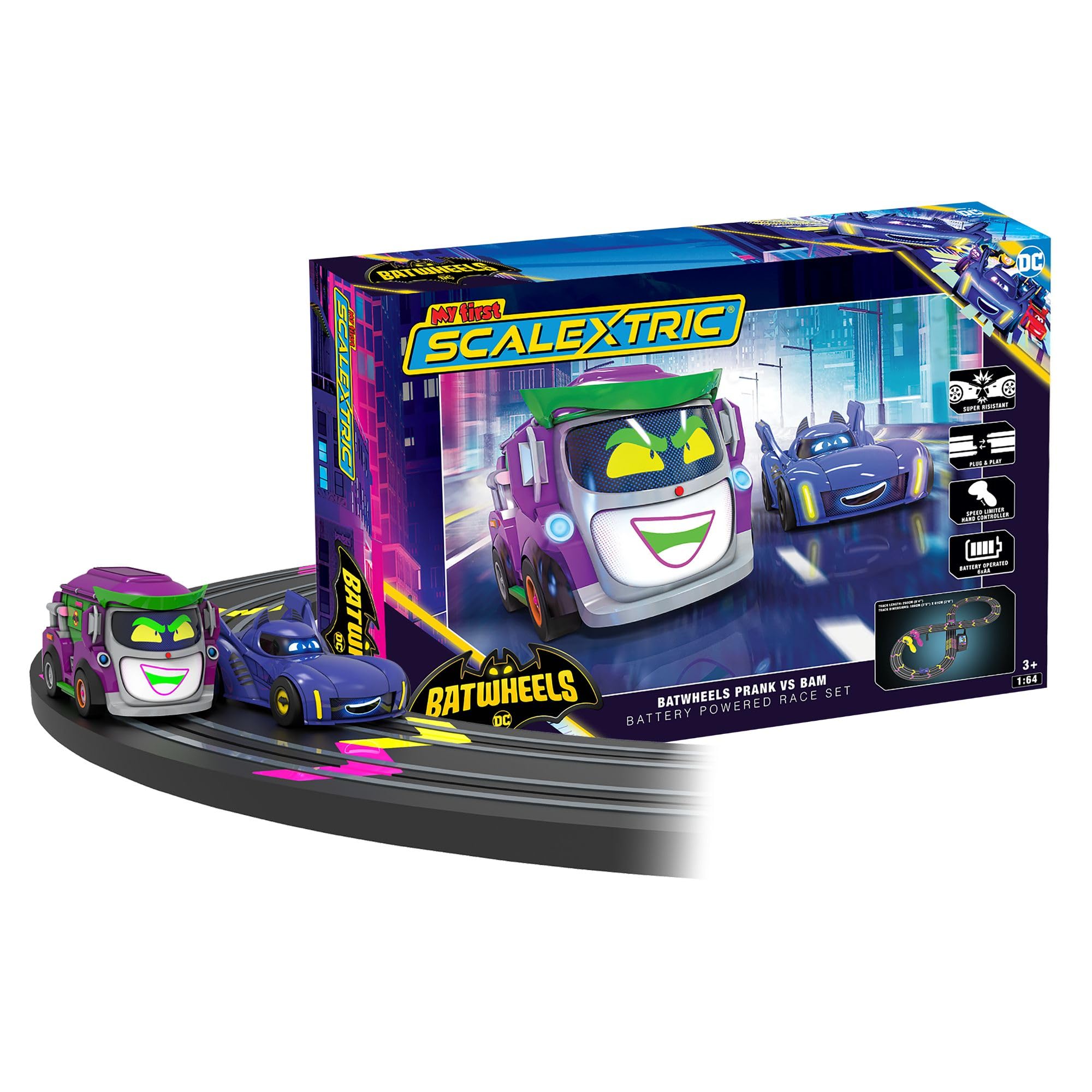 Scalextric My First Scalextric Racing Track Set G1187M Batwheels Prank vs Bam Micro Race Car Set