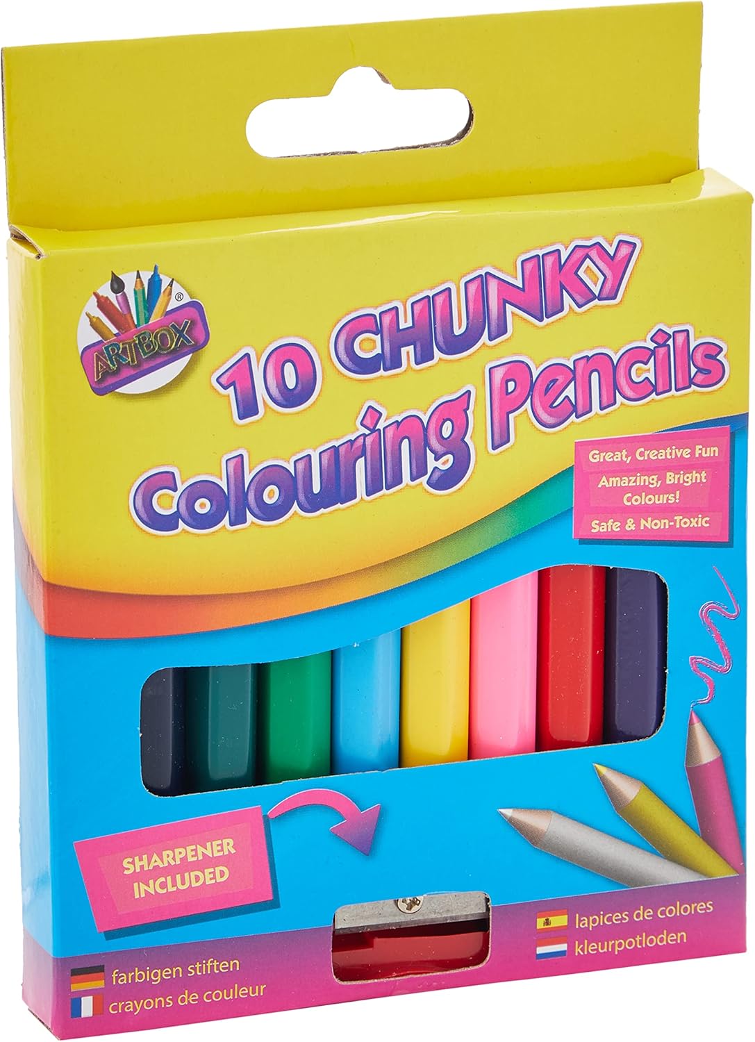 Artbox Chunky Colouring Pencils - 1/2 Size, 10-Pack with Sharpener - Ideal for School