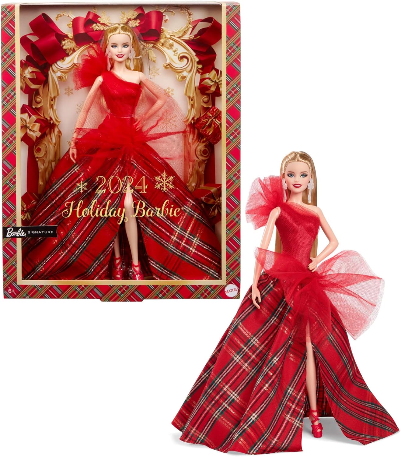 Barbie Signature 2024 Holiday Blonde Doll - Festive Plaid Gown Collectible for Ages 6+