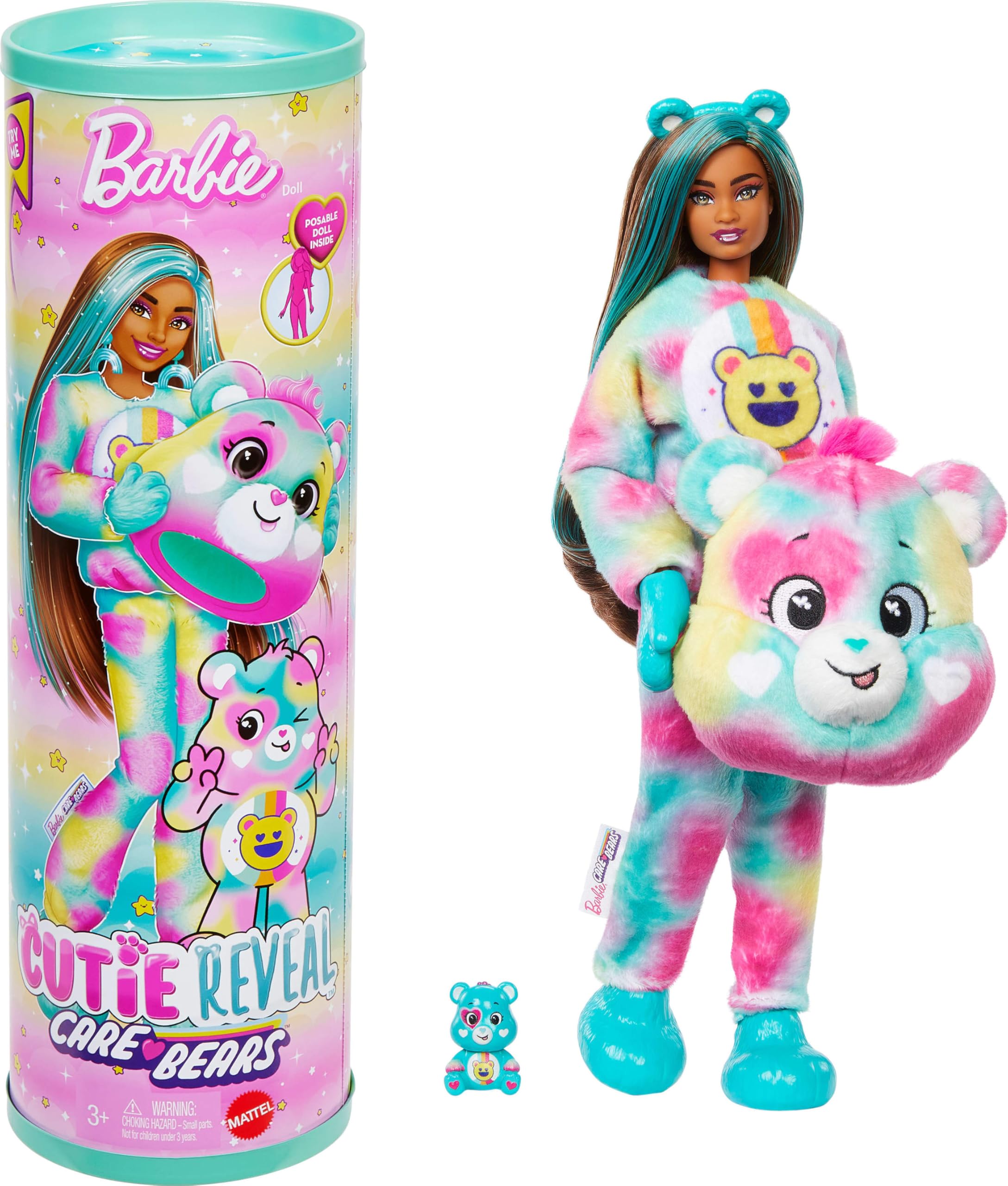 Barbie Cutie Reveal Care Bears Doll - Good Vibes Bear with Transforming Fashion Doll & 10 Surprises