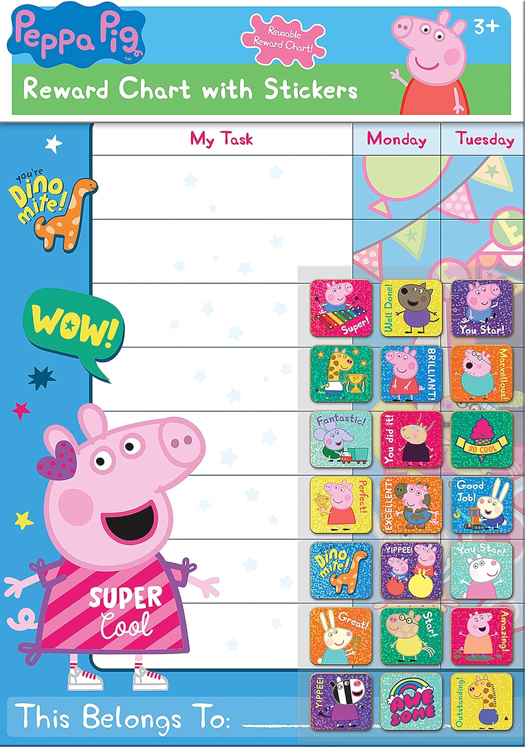 Peppa Pig Reward Chart and 56 Sparkly Stickers - Reusable Foil Stickers for Kids Ages 3+