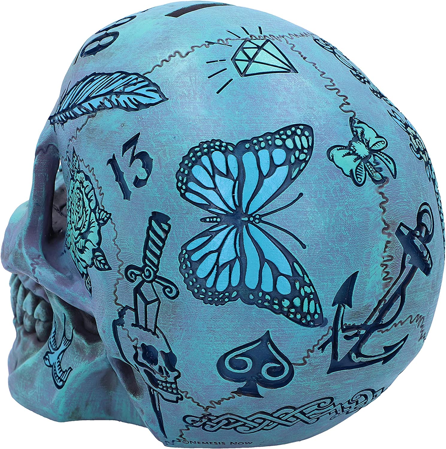 Nemesis Now Aqua Blue Traditional Tribal Tattoo Fund Skull - Polyresin Money Box