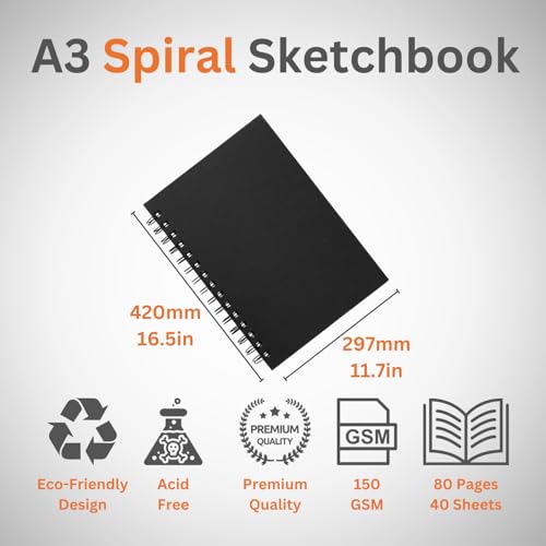 Hawksbill - A3 Black Sketchbook Hardcover Spiral 40 Sheets 150GSM Acid-Free Paper 15