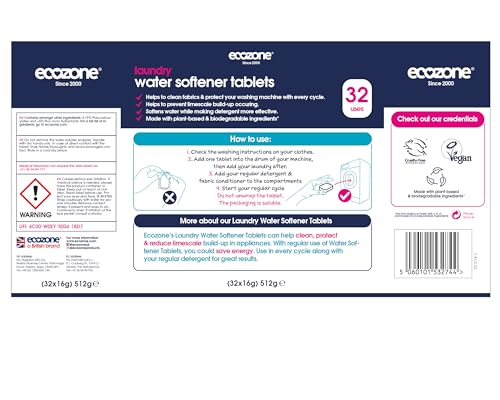 Ecozone Laundry Water Softener Tablets - 32 Pack De-scaler for Washing Machines 8