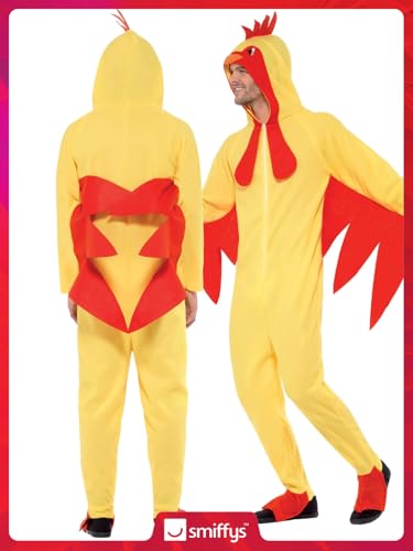 Smiffys Chicken Costume - Adult Men's Hooded All-in-One Fancy Dress Jumpsuit, Size L, Model 27857M