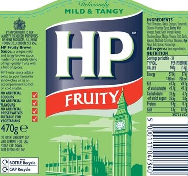 HP Sauce Mild and Tangy Fruity Brown Sauce, 470g