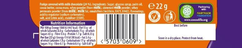 Cadbury Fudge Chocolate Bar 22g (Pack of 60) - Milk Chocolate Covered Fudge