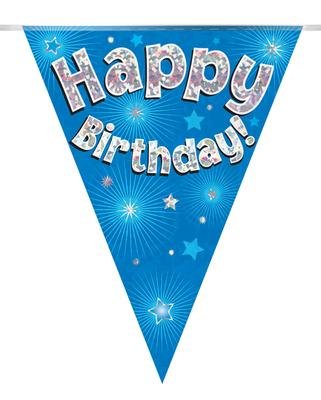 OakTree Happy Birthday Bunting - Blue Holographic, 11 Flags, 3.9m