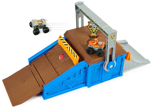 Monster Jam Mini Freestyle Flip Arena Spielset und Aufbewahrung mit 2 Mini-Trucks, Ki