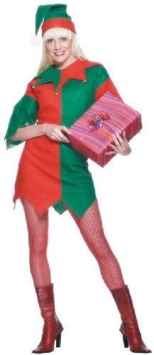 Smiffys Women's Elf Costume - Festive Tunic with Bells and Hat, Red/Green, Small