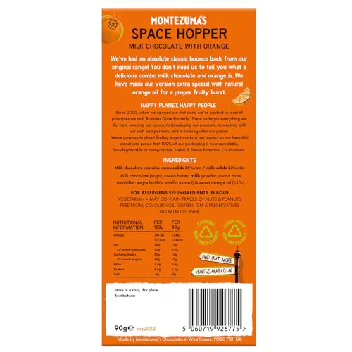 Montezuma's Space Hopper Milk Chocolate Bar with Orange, 35% Cocoa, Gluten Free, 90g