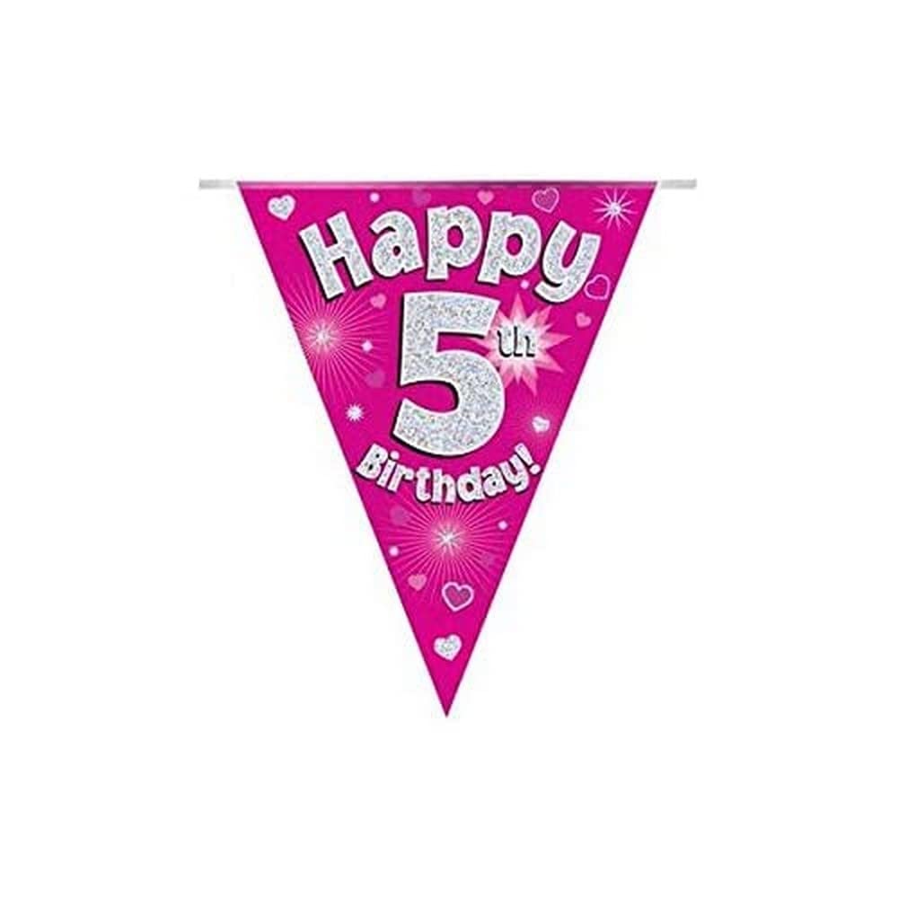 Party Bunting Happy 5th Birthday - Pink Holographic 11 Flags 3.9m