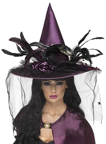 Smiffys Witch Hat with Feathers and Netting, Purple (Witch Costume Accessory)