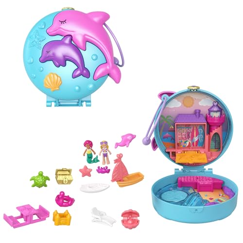 Polly Pocket Dolphin Beach Compact Playset with Micro Polly & Mermaid Doll, 5 Reveals & 13 Accessories