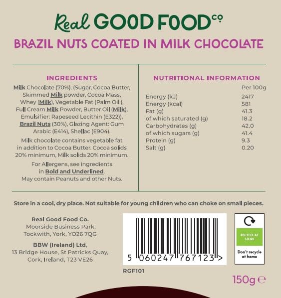 Real Good Food Co Milk Chocolate Brazil Nuts 150g - Chocolate Coated Nuts Snack