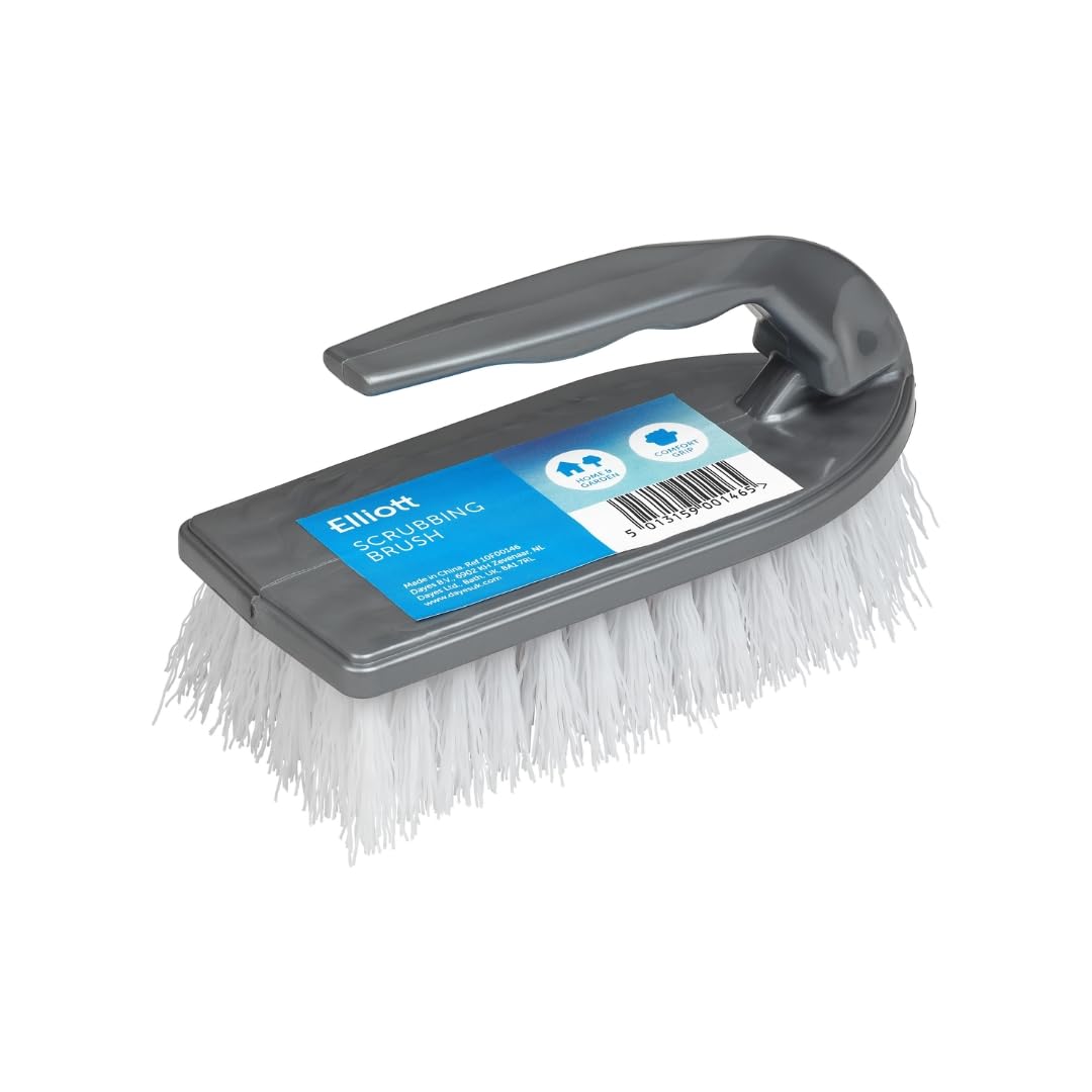 Elliott Scrubbing Brush with Handle, Grey - Plastic Fibres for Stubborn Stains