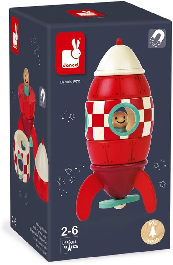 Janod Magnet Rocket Kit - Wooden Building Set for Toddlers 2-6 Years