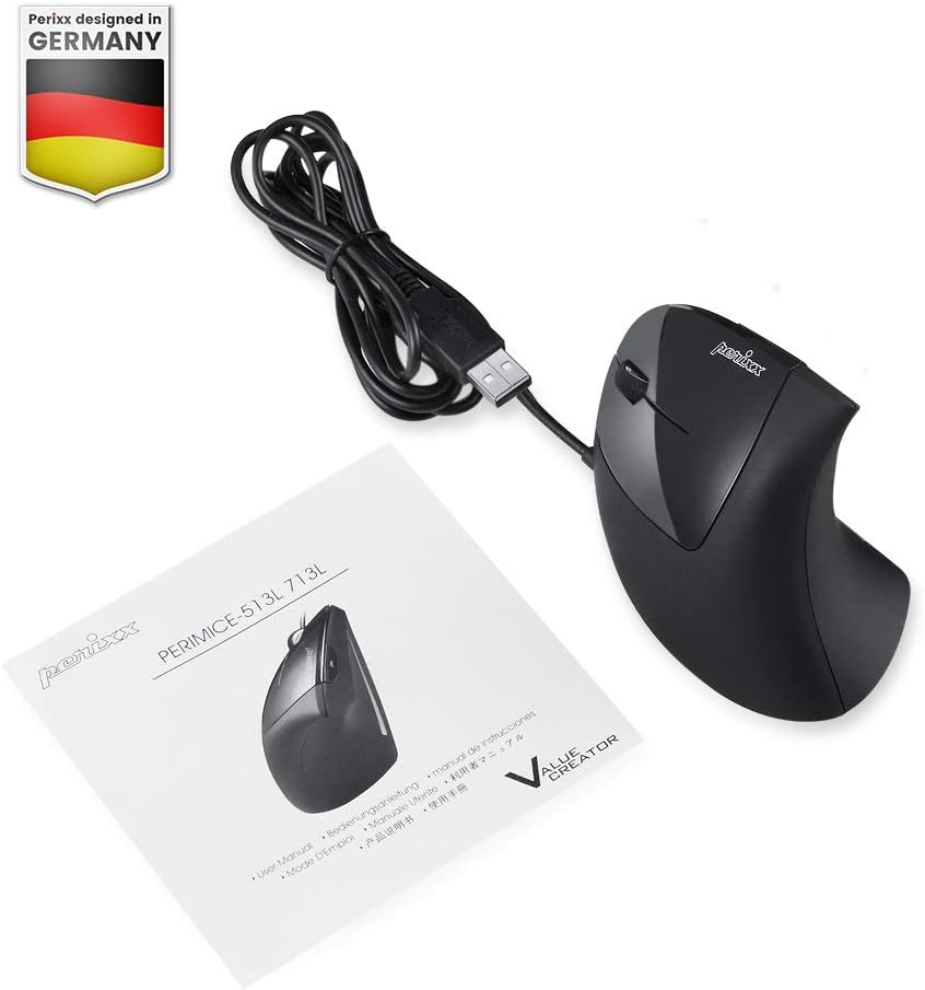 Perixx PERIMICE-513L Left-Handed Wired Vertical Mouse - 6 Button Optical with 1000/1600/3200/6400 DPI, Black
