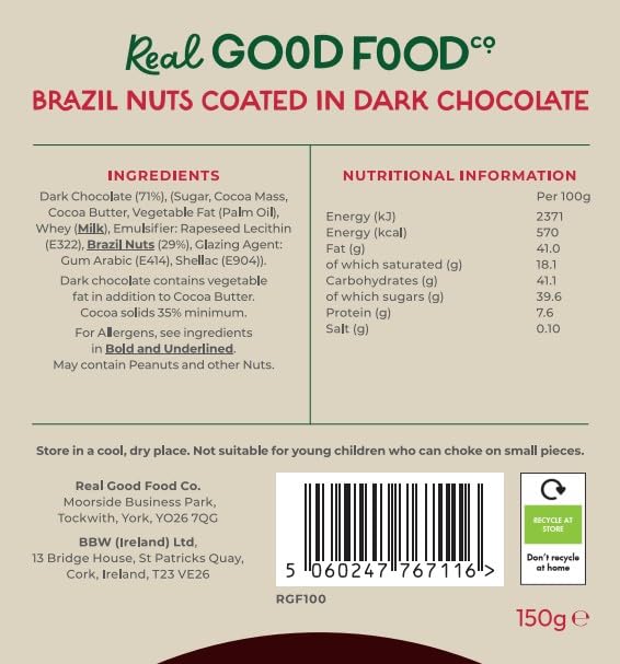 Real Good Food Co Dark Chocolate Brazil Nuts 150g - Chocolate Coated Nuts Snack