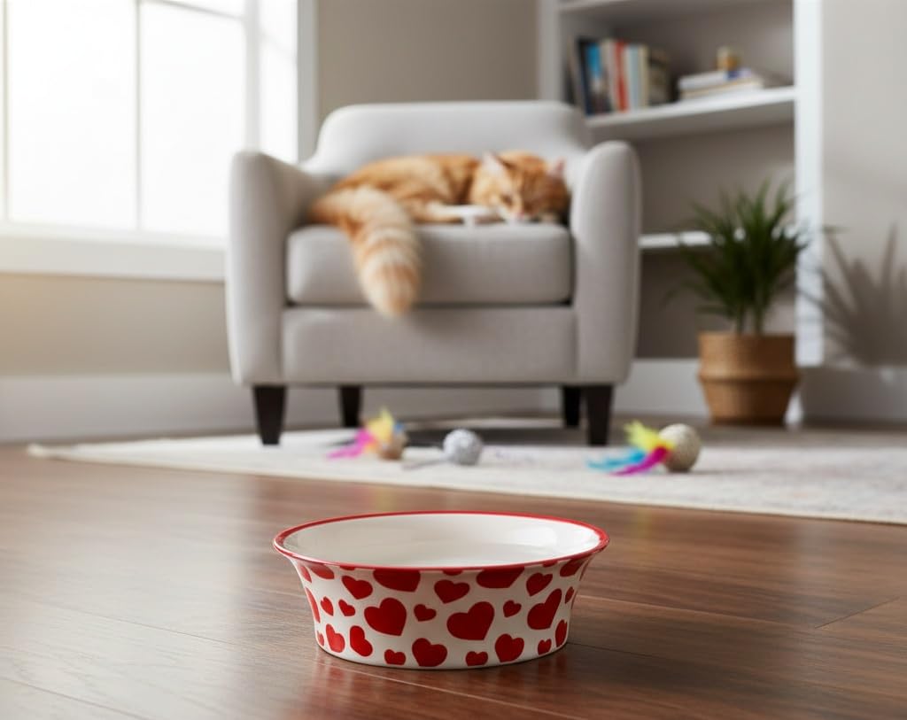 Petface Red Hearts Flared Ceramic Bowl for Cats and Small Dogs | Durable Ceramic | 130x40x130mm 6